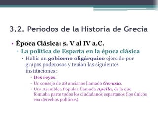 3.2. Periodos de la Historia de Grecia
• Época Clásica: s. V al IV a.C.
▫ La política de Esparta en la época clásica
 Había un gobierno oligárquico ejercido por
grupos poderosos y tenían las siguientes
instituciones:
▫ Dos reyes.
▫ Un consejo de 28 ancianos llamado Gerusía.
▫ Una Asamblea Popular, llamada Apella, de la que
formaba parte todos los ciudadanos espartanos (los únicos
con derechos políticos).
 