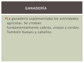 GANADERÍA 
La ganadería suplementaba las actividades 
agrícolas. Se criaban 
fundamentalmente cabras, ovejas y cerdos. 
También bueyes y caballos. 
 