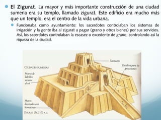 El Zigurat. La mayor y más importante construcción de una ciudad
sumeria era su templo, llamado zigurat. Este edificio era mucho más
que un templo, era el centro de la vida urbana.
 Funcionaba como ayuntamiento: los sacerdotes controlaban los sistemas de
irrigación y la gente iba al zigurat a pagar (grano y otros bienes) por sus servicios.
Así, los sacerdotes controlaban la escasez o excedente de grano, controlando así la
riqueza de la ciudad.
 