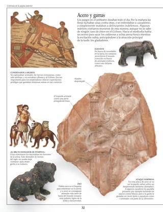 Acero y garras
Los juegos en el anfiteatro duraban todo el día. Por la mañana las
fieras luchaban unas contra otras, o se enfrentaban a «cazadores»,
o simplemente mataban a delincuentes indefensos. Algunos
mártires cristianos murieron de esta manera, aunque no se sabe
de ningún caso de éstos en el Coliseo. Hacia el mediodía había
un receso para sacar los cadáveres y echar arena fresca mientras
la excitación subía, anticipándose a la atracción principal
de la tarde: los gladiadores.
CONDENADOS A MUERTE
Se capturaban animales de tierras extranjeras, como
este antílope, y se enviaban a Roma y al Coliseo. Era tan
importante para los emperadores ofrecer espectáculos
pródigos que gastaban inmensas sumas en ese comercio.
«EL BRUTO DOMADOR DE POMPEYA»
A los victorianos los fascinaban los horrores
de la arena. Este domador de leones
del siglo xix usaba traje
«romano» para atraer
gente a su número.
ATAQUE SORPRESA
En esta placa de yeso se ve
un leopardo saltar sobre un
desprevenido bestiarius (domador).
A algunos cazadores les gustaba
presumir, por ejemplo luchando en
zancos contra felinos, pero a la gente le
gustaba ver morir tanto a cazadores como
a animales: era parte de la «diversión».
32
Hombro
desprotegido
El leopardo arremete
contra una parte
protegida del brazo
OSO
Había osos en el Imperio
para entretener en la arena,
y a veces se conseguían
animales más raros de
fuera del mundo romano:
osos polares, tigres de la
India y rinocerontes.
ELEFANTE
En busca de novedades
en la arena, los romanos
recorrieron el mundo
conocido en busca
de animales exóticos,
como este elefante
africano.
Continúa de la página anterior
 