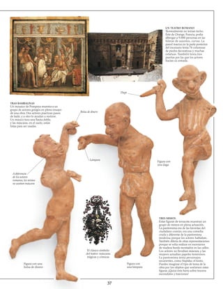 37
TRAS BAMBALINAS
Un mosaico de Pompeya muestra a un
grupo de actores griegos en pleno ensayo
de una obra. Dos actores practican pasos
de baile, y a otro lo ayudan a vestirse.
Un músico toca una flauta doble,
y las máscaras, en el suelo, están
listas para ser usadas.
Bolsa de dinero
Lámpara
A diferencia
de los actores
romanos, los mimos
no usaban máscara
Figura con una
bolsa de dinero
El clásico símbolo
del teatro: máscaras
trágicas y cómicas
Figura con
una lámpara
TRES MIMOS
Estas figuras de terracota muestran un
grupo de mimos en plena actuación.
La pantomima era de las favoritas del
ciudadano común; era una comedia
cruda y diferente de la pantomima
moderna, porque los actores hablaban.
También difería de otras representaciones
porque se solía realizar en escenarios
de madera burda montados en las calles.
Los actores no llevaban máscara, y las
mujeres actuaban papeles femeninos.
La pantomima tenía personajes
recurrentes, como Stupidus, el tonto.
Puedes imaginar el tipo de tema de la
obra por los objetos que sostienen estas
figuras ¡Quizá ésta fuera sobre tesoros
escondidos y traiciones!
Figura con
una daga
UN TEATRO ROMANO
Normalmente no tenían techo.
Éste de Orange, Francia, podía
albergar a 9.000 personas en las
hileras de asientos, curvas. La
pared maciza en la parte posterior
del escenario tenía 76 columnas
de piedra decorativas y muchas
estatuas. También tenía tres
puertas por las que los actores
hacían su entrada.
Daga
 
