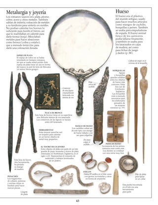 43
Lingote
de plata
PEDACERÍA
Los fragmentos
de collares, pulseras
y sortijas viejos se
fundían para hacer
nuevas piezas.
Esta lima de hierro,
otra herramienta,
ha perdido
su mango
de madera
EL TESORO DE UN JOYERO
Estos objetos de plata son parte de un lote
grande de joyas, monedas y trozos de plata
enterrados en Snettisham, Inglaterra, en el
siglo ii d.C. Representan el conjunto de
materiales y trabajos terminados
de un platero.
HERRAMIENTAS
Estas tenazas quizá las usó
un forjador para calentar
en un horno objetos de
metal muy pequeños.
PLACA DE BRONCE
Esta hoja de bronce tiene en su superficie
una delicada lámina de oro taraceada.
Los contornos de las figuras se hacían
antes del taraceado.
MANGO DE HUESO
Los cuchillos solían ser
de este tipo, con mango
de hueso tallado y un
aro para colgarlos.
Aro para
colgar el
cuchillo
ANILLOS
Había 89 anillos en el lote: unos
con gemas incrustadas y otros
en forma de serpiente.
Esta piedra encontrada
en el lote era una
herramienta
para pulir
Dije de plata
para fijarse
en un collar
PEINE DE HUESO
La mayoría de los peines
romanos eran como éste.
Los dientes se cortaban
con una sierra muy fina.
HORQUILLAS
Agujas
y horquillas
grandes estaban
entre los objetos
de hueso más
comunes. Estas
tres son de
Colchester,
Inglaterra.
Las horquillas
eran a menudo
necesarias para
los elaborados
peinados de
las mujeres
romanas (p. 19).
Hoja
curva del
cuchillo
Contorno
de una figura
originalmente
taraceada con
lámina de oro
Hueso
Cabeza de mujer en el
extremo de la horquilla
Metalurgia y joyería
ESPEJO DE PLATA
El espejo de vidrio no se había
inventado en tiempos romanos,
así que se usaba metal pulido. Este
espejo de plata tiene un asa en forma
del maza y la piel de león de Hércules
(el mítico héroe griego).
Los romanos usaron oro, plata, plomo,
cobre, acero y otros metales. También
sabían de minería, extracción de metales
y su fundición para verterlo en moldes.
No podían calentar los hornos lo
suficiente para fundir el hierro, así
que lo martillaban en caliente para
darle forma (forja). Mezclaban
metales para hacer aleaciones
como bronce (cobre y estaño),
que a menudo tenía cinc para
darle una coloración dorada.
El hueso era el plástico
del mundo antiguo, usado
para hacer muchos artículos
como mangos de cuchillo,
horquillas y peines. También
se usaba para empuñaduras
de espada. El hueso animal
fresco de los carniceros
podía tallarse finamente,
y también se usaba para
los taraceados en cajas
de madera, así como
para fichas de juego
y dados (p. 38).
 