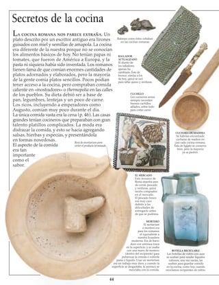 44
Secretos de la cocina
Ratones como és­tos robaban
en las cocinas romanas
La cocina romana nos parece extraña. Un
plato descrito por un escritor antiguo era lirones
guisados con miel y semillas de amapola. La cocina
era diferente de la nuestra porque no se conocían
los alimentos básicos de hoy. No tenían papas ni
tomates, que fueron de América a Europa, y la
pasta ni siquiera había sido inventada. Los romanos
tienen fama de que comían enormes cantidades de
platos adornados y elaborados, pero la mayoría
de la gente comía platos sencillos. Pocos podían
tener acceso a la cocina, pero compraban comida
caliente en «mostradores» o thermopolia en las calles
de los pueblos. Su dieta debió ser a base de
pan, legumbres, lentejas y un poco de carne.
Los ricos, incluyendo a emperadores como
Augusto, comían muy poco durante el día.
La única comida vasta era la cena (p. 46). Las casas
grandes tenían cocineros que preparaban con gran
talento platillos complicados. La moda era
disfrazar la comida, y esto se hacía agregando
salsas, hierbas y especias, y presentándola
en formas novedosas.
El aspecto de la comida
era tan
importante
como el
sabor.
CUCHILLO
Los cocineros serios
siempre necesitan
buenos cuchillos
afilados, sobre todo
para cortar carne.
CUCHARA DE MADERA
Se habrían encontrado
cucharas de madera en
casi cada cocina romana.
Ésta de Egipto se conserva
bien, pero la mayoría
ya se pudrió.
EL MERCADO
Este mosaico de
Roma muestra aves
de corral, pescado
y verduras, quizá
recién comprados
en el mercado.
El pescado fresco
era muy caro
debido a las
dificultades de
entregarlo antes
de que se pudriera.
MORTERO
El mortarium
o mortero era
para los romanos
el equivalente a
nuestra licuadora
moderna. Era de barro
duro con arenisca tosca
en la superficie, y se usaba
con una mano de mortero
(dentro del recipiente) para
pulverizar la comida o volverla
pasta o líquido. Usar un mortarium
era un trabajo muy duro, y cuando la
superficie se desgastaba, la arenisca se
mezclaba con la comida.
BOTELLA RECICLABLE
Las botellas de vidrio con asas
se usaban para vender líquidos
valiosos; una vez vacías, las
usaban para guardar comida
en la cocina, como hoy cuando
reciclamos recipientes de vidrio.
RALLADOR
ACTUALIZADO
El diseño de
los ralladores
apenas ha
cambiado. Éste de
bronce, similar a los
de hoy, quizá se usó
para rallar queso y verduras.
Boca de mortarium para
verter el producto terminado
 