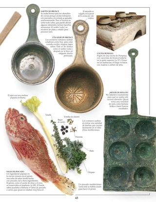 45
SALSA DE PESCADO
Un ingrediente popular en
la cocina romana era el garum,
una salsa de sabor fuerte hecha
con pescado, sal y otros ingredientes.
El garum, como el aceite de oliva y el vino,
se comerciaba en amphorae (p. 60). El fuerte
sabor ayudaba a disfrazar el sabor de pescado
o carne ¡que quizá no estaban muy frescos!
Un pescado mediterráneo
como éste se habría usado
para hacer el garum
Orégano
Ruda
Los romanos usaban
al cocinar una variedad
de hierbas que crecían
fácilmente en el tibio
clima mediterráneo
Pimienta
Semillas de cilantro
Bayas
de enebro
Tomillo
El apio era una verdura
popular en Roma
SARTÉN DE BRONCE
Se usaba bronce para los utensilios
de cocina porque podía tra­bajarse
con precisión y la comida se guisaba
uniformemente. Pero el bronce es
sobre todo cobre, que puede afectar
algunos alimentos, incluso hacerlos
venenosos. El sartén (izda.) se
recubrió de plata y estaño para
prevenir esto.
COLADOR DE BRONCe
Los cocineros romanos usaban
coladores como hoy: para colar
comida cocida y separar jugos
y salsas. Éste es de bronce
como el sartén (izda.),
y después se le hizo un
elegante diseño
perforado.
El utensilio se
colgaba en la pared
de la cocina por este
orificio
COCINA ROMANA
Fogón de una cocina de Pompeya,
con cacerolas de bronce todavía
en la parte superior (p. 57). Como
en las barbacoas, el fuego se hacía
con madera o carbón de leña.
¿MOLDE DE BOLLOS?
No sabemos exactamente
para qué se usaba este
curioso utensilio. Quizá
tenía una variedad
de usos, como hornear
bollos o hacer huevos
escalfados.
 