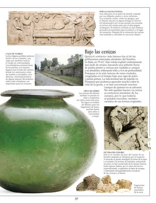 57
CALLE DE TUMBAS
La ley religiosa prohibía entierros
dentro de las ciudades, una
regla que también reducía
el riesgo de enfermedades.
Los cementerios crecieron fuera
de las puertas. Los mejores
lugares eran al lado del camino,
donde los caminantes veían
las tumbas y recordaban a los
difuntos, inmortalizándolos
de alguna manera. Recordar­los,
sobre todo a familiares, era
importante para los romanos.
Bajo las cenizas
Quizá el «entierro» más famoso fue el de las
poblaciones enterradas alrededor del Vesubio,
en Italia, en 79 d.C. Este volcán explotó violentamente
una tarde de verano, lanzando una ardiente lluvia
de piedra pómez y cenizas por ciudades y campos
a su alrededor, enterrando todo a 4 m de profundidad.
Pompeya es la más famosa de estas ciudades,
congeladas en el tiempo bajo una capa de polvo
y piedra pómez. La vida terminó tan de repente en
Pompeya que podemos aprender mucho sobre la
vida de la gente, y se han encontrado muchos
cuerpos de quienes no se salvaron.
No sólo quedan huesos. La ceniza
se endureció alrededor de los
cuerpos, por lo que todavía
se pueden encontrar «moldes»
vaciados de sus formas originales.
URNA DE VIDRIO
Las cenizas del difunto
también se ponían en
ollas y recipientes
de vidrio como esta urna.
No figura el nombre
del difunto, pero los
fragmentos de hueso
podrían bastar
para saber si
era hombre
o mujer.
VÍCTIMA DEL VESUBIO
Éste es el «molde» de yeso del cuerpo de un
hombre atrapado en Pompeya por la erupción.
A menudo se puede distinguir la forma de la ropa
y el calzado. Las formas de animales, incluyendo
un perro, se han conservado de la misma manera.
Estas figuras hablan por sí solas del horror
experimentado: congelados al tratar de escapar,
o intentando desesperadamente escudarse
de las cenizas y el humo.
Fragmentos
de huesos
quemados,
de la urna
POR LA LAGUNA ESTIGIA
Una niña yace en su lecho de muerte, rodeada
por sus afligidos padres y otros dolientes.
Los romanos creían, como los griegos, que
el difunto iba por la laguna Estigia al Averno
(el inframundo), por lo que ponían una moneda
en la boca del cuerpo para que el alma pagara
al barquero. El entierro consistía en una solemne
procesión al cementerio para el entierro, o al lugar
de cremación. Después de la cremación, las cenizas
eran juntadas y colocadas en una urna (abajo).
 