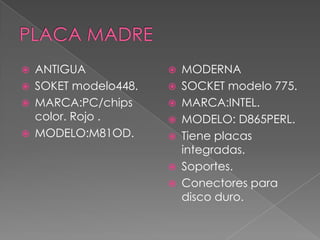 PLACA MADREANTIGUASOKET modelo448.MARCA:PC/chips color. Rojo .MODELO:M81OD.MODERNASOCKET modelo 775.MARCA:INTEL.MODELO: D865PERL.Tiene placas integradas.Soportes.Conectores para disco duro.