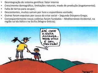 Desintegração do sistema gentílico: fator interno Crescimento demográfico, limitações naturais, modo de produção (esgotamento); Falta de terras para ocupar; Descontentes, muitos saíram por livre e espontânea vontade; Outros foram expulsos por causa da crise social – Segunda Diáspora Grega; Conseqüentemente novas colônias foram fundadas – Mediterrâneo Ocidental, na região sul da Itália e na Sicília (Magna Grécia); 