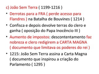 c) João Sem Terra ( 1199-1216 )
• Derrotas para a FRA ( perde acesso para
   Flandres ) na Batalha de Bouvines ( 1214 )
• Confisca e depois devolve terras do clero e
   ganha ( oposição do Papa Inocêncio III )
• Aumento de impostos: descontentamento faz
   nobreza e clero redigirem a CARTA MAGNA
   ( documento que limitava os poderes do rei )
• 1215: João Sem Terra assina a Carta Magna
   ( documento que inspirou a criação do
   Parlamento ( 1295 )
 
