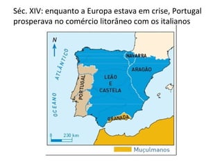 Séc. XIV: enquanto a Europa estava em crise, Portugal
prosperava no comércio litorâneo com os italianos
 