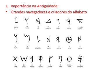 1. Importância na Antiguidade:
• Grandes navegadores e criadores do alfabeto
 