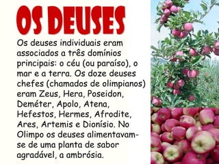 Os deuses individuais eram
associados a três domínios
principais: o céu (ou paraíso), o
mar e a terra. Os doze deuses
chefes (chamados de olimpianos)
eram Zeus, Hera, Poseidon,
Deméter, Apolo, Atena,
Hefestos, Hermes, Afrodite,
Ares, Artemis e Dionísio. No
Olimpo os deuses alimentavam-
se de uma planta de sabor
agradável, a ambrósia.
 