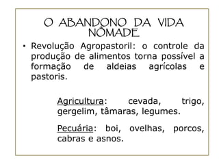 O ABANDONO DA VIDA
          NÔMADE
• Revolução Agropastoril: o controle da
  produção de alimentos torna possível a
  formação de aldeias agrícolas e
  pastoris.

       Agricultura:   cevada,      trigo,
       gergelim, tâmaras, legumes.

       Pecuária: boi, ovelhas, porcos,
       cabras e asnos.
 