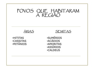POVOS QUE HABITARAM
        A REGIÃO



       ÁRIAS        SEMITAS

•HITITAS       •SUMÉRIOS
•CASSITAS      •ACÁDIOS
•MITÂNIOS      •AMORITAS
               •ASSÍRIOS
               •CALDEUS
 