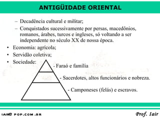 Decadência cultural e militar; Conquistados sucessivamente por persas, macedônios, romanos, árabes, turcos e ingleses, só voltando a ser independente no século XX de nossa época.  Economia: agrícola; Servidão coletiva; Sociedade: -  Faraó e família - Sacerdotes, altos funcionários e nobreza. - Camponeses (felás) e escravos. 