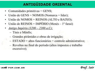 Comunidades primitivas = GENS; União de GENS = NOMOS (Nomarca = líder); União de NOMOS = REINOS (ALTO e BAIXO); União de REINOS = IMPÉRIO (Menés – 1º faraó) Antigo Império (3200 – 2300 a.C); Tínis e Mênfis; Grandes pirâmides e obras de irrigação; ESTADO + altos funcionários = controle administrativo; Revoltas no final do período (altos impostos e trabalho excessivo); 