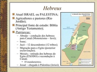 Hebreus
Atual ISRAEL ou PALESTINA;
Agricultores e pastores (Rio
Jordão);
Principal fonte de estudo: Bíblia
(Antigo Testamento);
Patriarcas:
– Abraão – condução dos hebreus
  para Canaã (Monoteísmo – Iavé);
– Isaac;
– Jacó – 12 descendentes (12 tribos);
– Migração para o Egito (posterior
  escravização);
– Moisés – retirada dos hebreus do
  Egito (ÊXODO) e recondução à
  Canaã;
    • 10 mandamentos;
– Josué – chegada à Palestina (Jericó).
 