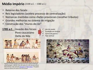 Médio Império (2100 a.C. – 1580 a.C.)
• Retorno dos faraós
• Reis legisladores (acelera processo de centralização)
• Nomarcas mantidos como chefes provinciais (recolher tributos)
• Grandes melhorias no sistema de irrigação
• Construção dos “muros-do-rei”
1785 a.C. : Invasão dos hicsos
Povo caucasiano
Delta do Nilo
A group of Asiatic peoples (perhaps the future Hyksos) depicted
entering Egypt c.1900 BC from the tomb of a 12th dynasty official
Khnumhotep under pharaoh Senusret II at Beni Hasan. The glyphs
above are above the head of the first animal
 uso do cavalo
 Fundição em bronze
 Carros de guerra
 Tear vertical
 