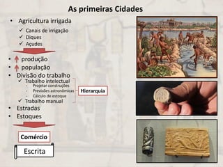 As primeiras Cidades
• Agricultura irrigada
 Canais de irrigação
 Diques
 Açudes
• produção
• população
• Divisão do trabalho
• Estradas
• Estoques
 Trabalho intelectual
 Trabalho manual
- Projetar construções
- Previsões astronômicas
- Cálculo de estoque
Comércio
Escrita
Hierarquia
 