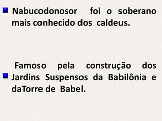 Nabucodonosor foi o soberano
mais conhecido dos caldeus.



 Famoso pela construção dos
Jardins Suspensos da Babilônia e
daTorre de Babel.
 