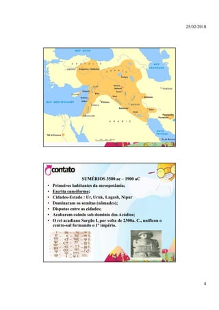 25/02/2010




                   SUMÉRIOS 3500 ac – 1900 aC
•   Primeiros habitantes da mesopotâmia;
•   Escrita cuneiforme;
            cuneiforme;
•   Cidades-Estado Ur, Uruk, Lagash, Ni
    Cid d E t d : U U k L             h Nipur
•   Dominaram os semitas (nômades);
•   Disputas entre as cidades;
•   Acabaram caindo sob domínio dos Acádios;
•   O rei acadiano Sargão I, por volta de 2300a. C., unificou o
    centro-
    centro-sul formando o 1º império.




                                                                          4
 