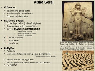 • O Estado:
• Estrutura Social:
• Religião:
 Responsável pelas obras
 Administração centralizada
 Cobrança de impostos
Visão Geral
 Controle por elite (militar/religiosa)
 Governo teocrático e despótico
 Uso de TRABALHO COMPULSÓRIO
 nº de escravos
 artesanato
 comércio
- Trabalho no campo
- Construções para cidade
- Estrutura hidráulica
 Politeísta
 Elemento de ligação entre pop. e Governante
 Deuses viviam nos Zigurates
 Deuses poderiam intervir na vida das pessoas
 Ex. ISHITAR
(Representante dos Deuses)
Relevo do antigo período babilônico chamado“O
Relevo da Rainha da Noite”. A divindade
representada provavelmente seria Ishtar, deusa da
chuva, da primavera e da fertilidade – a deusa do
sexo e da guerra; Lilith. (1800-1750 aC)
 