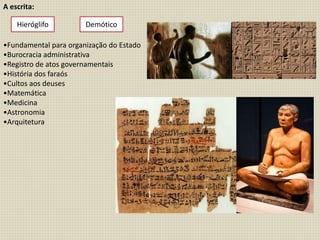 A escrita:
•Fundamental para organização do Estado
•Burocracia administrativa
•Registro de atos governamentais
•História dos faraós
•Cultos aos deuses
•Matemática
•Medicina
•Astronomia
•Arquitetura
Hieróglifo Demótico
 