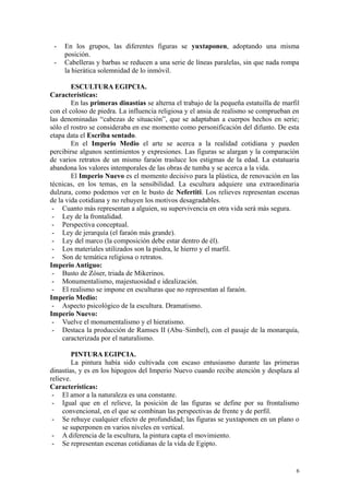 - En los grupos, las diferentes figuras se yuxtaponen, adoptando una misma
posición.
- Cabelleras y barbas se reducen a una serie de líneas paralelas, sin que nada rompa
la hierática solemnidad de lo inmóvil.
ESCULTURA EGIPCIA.
Características:
En las primeras dinastías se alterna el trabajo de la pequeña estatuilla de marfil
con el coloso de piedra. La influencia religiosa y el ansia de realismo se comprueban en
las denominadas “cabezas de situación”, que se adaptaban a cuerpos hechos en serie;
sólo el rostro se consideraba en ese momento como personificación del difunto. De esta
etapa data el Escriba sentado.
En el Imperio Medio el arte se acerca a la realidad cotidiana y pueden
percibirse algunos sentimientos y expresiones. Las figuras se alargan y la comparación
de varios retratos de un mismo faraón trasluce los estigmas de la edad. La estatuaria
abandona los valores intemporales de las obras de tumba y se acerca a la vida.
El Imperio Nuevo es el momento decisivo para la plástica, de renovación en las
técnicas, en los temas, en la sensibilidad. La escultura adquiere una extraordinaria
dulzura, como podemos ver en le busto de Nefertiti. Los relieves representan escenas
de la vida cotidiana y no rehuyen los motivos desagradables.
- Cuanto más representan a alguien, su supervivencia en otra vida será más segura.
- Ley de la frontalidad.
- Perspectiva conceptual.
- Ley de jerarquía (el faraón más grande).
- Ley del marco (la composición debe estar dentro de él).
- Los materiales utilizados son la piedra, le hierro y el marfil.
- Son de temática religiosa o retratos.
Imperio Antiguo:
- Busto de Zóser, triada de Mikerinos.
- Monumentalismo, majestuosidad e idealización.
- El realismo se impone en esculturas que no representan al faraón.
Imperio Medio:
- Aspecto psicológico de la escultura. Dramatismo.
Imperio Nuevo:
- Vuelve el monumentalismo y el hieratismo.
- Destaca la producción de Ramses II (Abu–Simbel), con el pasaje de la monarquía,
caracterizada por el naturalismo.
PINTURA EGIPCIA.
La pintura había sido cultivada con escaso entusiasmo durante las primeras
dinastías, y es en los hipogeos del Imperio Nuevo cuando recibe atención y desplaza al
relieve.
Características:
- El amor a la naturaleza es una constante.
- Igual que en el relieve, la posición de las figuras se define por su frontalismo
convencional, en el que se combinan las perspectivas de frente y de perfil.
- Se rehuye cualquier efecto de profundidad; las figuras se yuxtaponen en un plano o
se superponen en varios niveles en vertical.
- A diferencia de la escultura, la pintura capta el movimiento.
- Se representan escenas cotidianas de la vida de Egipto.
6
 