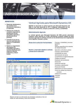 Vertical Agrícola para Microsoft Dynamics AX
Administración Agrícola
La vertical agrícola para Microsoft Dynamics AX 2009 permite administrar
cualquier cultivo agrícola en el ERP, permitiendo la gestión integral de todos
procesos agrícolas en perfecta armonía con las demás áreas de la organización
como logística, finanzas y ventas.
Áreas de la solución horizontales: Finanzas, contabilidad y recursos
humanos
Otros
Solución específica de la industria:
sin interés horizontal
Sector y mercado objetivo vertical,
y áreas de la solución:
Agricultura, silvicultura y pesca
Finanzas y administración
Contabilidad de costos
Administración de tierras
Cumplimiento de reglamentaciones
Códigos de estación
Evaluación del rendimiento
Producción
Producción agrícola
Pronóstico y planificación
Producción forestal
Elaboración de nuevos productos
Control de calidad de producto y
procesos
Cadena de suministro
Inventario
Logística
BENEFICIOS:
 Responda rápidamente a
los cambios en la
demanda de materiales y
la capacidad
 Reduzca los niveles de
inventario mejorando la
planificación de las
actividades agrícolas y
planificación de la
previsión
 Controle el uso de sus
recursos agrícolas para
obtener un rendimiento
óptimo
 Realice un seguimiento
del progreso de
actividades agrícolas y
cambios fácilmente para
mejorar la eficacia
productiva y reducir
costes.
Administración Agrícola
INSYSS ha desarrollo la vertical agrícola para Microsoft Dynamics AX
2009, la cual esta desarrolla en X++ e integrada nativamente con los
módulos de inventarios, compras, producción, costos y contabilidad.
Maestro de lotes con información de actividades realizadas al lote con
estado de cada actividad y costo de la actividad
 