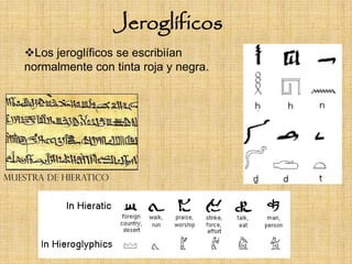 Jeroglíficos
   Los jeroglíficos se escribiían
   normalmente con tinta roja y negra.




Muestra de Hieratico
 