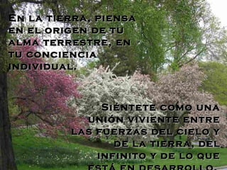 En la tierra, piensa
en el origen de tu
alma terrestre, en
tu conciencia
individual.



              Siéntete como una
           unión viviente entre
         las fuerzas del cielo y
                de la tierra, del
             infinito y de lo que
 