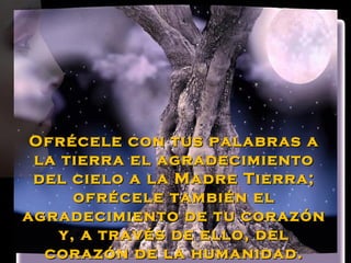 Ofrécele con tus palabras a
 la tierra el agradecimiento
 del cielo a la Madre Tierra;
      ofrécele también el
agradecimiento de tu corazón
    y, a través de ello, del
  corazón de la humanidad.
 