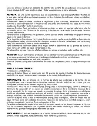 Modo de Empleo: Disolver un pedacito de alcanfor (del tamaño de un garbanzo) en un cuarto de
litro de alcohol de 90° o de aceite de olivo y frotar vigorosamente la parte adolorida.

ALFALFA.- Es una planta leguminosa que se caracteriza por sus raíces profundas y fuertes, de
la que salen varios tallos con hojas integradas por tres hojuelas. Se cultiva en climas templados y
suelos ricos en cal.
Propiedades: Tranquilizantes, fortalece el organismo y los pulmones, desinflama los riñones,
aumenta la secreción láctea en la mujer que se encuentra amamantando a su bebé. En los niños,
ayuda a su desarrollo y evita el raquitismo.
Modo de Empleo: Para tranquilizar el sistema nervioso, un vaso en ayunas cada tercer día del
cocimiento hecho con 25 gramos de puntas y hojas tiernas para medio litro de agua, hervidas
durante tres minutos.
Para fortalecer el organismo y los pulmones, tomar jugo de alfalfa combinado con jugo de limón y
agua como agua de tiempo.
Para, desinflamar los riñones, hervir durante cinco minutos media rama de alfalfa y dos matas de
lechuguilla con todo y raíz en medie litro de agua; se serena durante varias horas y se toma en ay
iras y otro medio litro durante el transcurso del día.
Para aumentar la secreción láctea en la mujer, tomar el cocimiento de 50 gramos de puntas y
hojas tiernas en un litro de agua, varias tazas al día.
Para los niños, agregar hojas de alfalfa molidas a las sopas, ensaladas, atole, tortillas, etc.

ALMIDON.- Es un carbohidrato producido por las células vegetales (clorofila) bajo la influencia de
la luz, agua y anhídrido carbónico, de grandes propiedades alimenticias y medicinales.
Propiedades: contra el herpes, urticaria y salpullido.
Modo de Empleo: Aplíquese exteriormente en forma de cataplasma, polvo o agregado al agua de
baño.

AMULA DE MONTERREY.-
Propiedades: Antidiabéticas.
Modo de Empleo: Hacer un cocimiento con 10 gramos de planta, 6 hojitas de Guarumba para
medio litro de agua y tomar un vaso tres veces al día, antes de los alimentos.

ANACANUITE.- Es un arbusto de 5 metros de altura que pertenece a la familia de las
borragináceas y que crece en tierras húmedas y cálidas. Su tallo es leñoso, su corteza gris y su
fruto posee su mesocarpio de color negruzco y sabor dulce.
Propiedades: Alivia la tos e inflamaciones bronquiales y mucosalaríngea; calma la irritación y
disminuye la supuración en los casos de uretritis (inflamación de la membrana mucosa de la
uretra, conducto de la vejiga por donde se expulsa la orina), tiene propiedades afrodisíacas,
diuréticas, digestivas, aperitivas (estimula el apetito), estimulantes del organismo (aumenta la
energía muscular) y sé usa con resultados asombrosos contra los cólicos hepáticos y disentería.
Modo de Empleo: Para la tos e inflamaciones bronquiales y laríngeas, hervir en medio litro de
agua 15 frutos junto con pedazos de corteza, hasta que se consuma a la mitad; después, colar,
endulzar con azúcar y tomar de 3 a s cucharaditas al día.
Para obtener las demás propiedades terapéuticas antes mencionadas, tomar tres veces al día una
taza del cocimiento preparado con 10 gramos de leño para medio litro de agua o bien, una infusión
hecha con 10 gramos de hojas para medio litro de agua.

ANÍS VERDE.- EI anís es una planta de la familia de las umbelíferas, de un metro de altura, tallo
lampiño, flores pequeñas, fruto aromático y hojas hendidas y redondas.
 