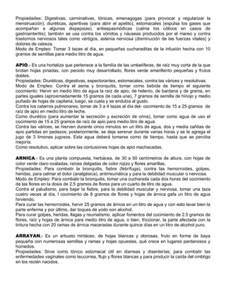 Propiedades: Digestivas, carminativas, tónicas, emenagogas (para provocar y regularizar la
menstruación), diuréticas, aperitivas (para abrir el apetito), estomacales (expulsa los gases que
acompañan a algunas dispepsias), antiespasmódicas (calma los cólicos en casos de
gastroenteritis); también se usa contra los vómitos y náuseas producidos por el mareo y contra
trastornos nerviosos tales como vértigos, astenia nerviosa (disminución de las fuerzas vitales) y
dolores de cabeza.
Modo de Empleo: Tomar 3 tazas al día, en pequeñas cucharaditas de la infusión hecha con 10
gramos de semillas para medio litro de agua.

APIO.- Es una hortaliza que pertenece a la familia de las umbelíferas, de raíz muy corta de la que
brotan hojas pinadas, con peciolo muy desarrollado, flores verde amarillento pequeñas y frutos
dobles.
Propiedades: Diuréticas, digestivas, expectorantes, estomacales, contra las várices y resolutivas.
Modo de Empleo: Contra el asma y bronquitis, tomar como bebida de tiempo el siguiente
cocimiento: Hervir en medio litro de agua la raíz de apio, de helenio, de bardana y de grama, en
partes iguales (aproximadamente 15 gramos de cada una), 7 gramos de semilla de hinojo y medio
puñado de hojas de capilaria; luego, se cuela y se endulza al gusto.
Contra los catarros pulmonares, tomar de 3 a 4 tazas al día del- cocimiento de 15 a 25 gramos de
raíz de apio en medio litro de leche.
Como diurético (para aumentar la secreción y excreción de orina), tomar como agua de uso el
cocimiento de 15 a 25 gramos de raíz de apio para medio litro de agua.
Contra las várices, se hierven durante cinco minutos en un litro de agua, dos y media cañitas de
apio partidas en pedazos; posteriormente, se deja serenar durante varias horas y se le agrega el
jugo de 3 limones jugosos. Esta agua deberá tomarse como de tiempo, hasta que se perciba
mejoría.
Como resolutivo, aplicar sobre las contusiones hojas de apio machacadas.

ARNICA.- Es una planta compuesta, herbácea, de 30 a 50 centímetros de altura, con hojas de
color verde claro ovaladas, raíces delgadas de color rojizo y flores amarillas.
Propiedades: Para combatir la bronquitis, fiebre (febrífuga), contra las hemorroides, golpes,
heridas, para calmar el dolor (analgésica), antirreumática y para la debilidad muscular o nerviosa.
Modo de Empleo: Para combatir la bronquitis, tomar una cucharada cada dos horas del cocimiento
de las flores en la dosis de 2.5 gramos de flores para un cuarto de litro de agua.
Contra el paludismo, para bajar la fiebre, para la debilidad muscular y nerviosa, tomar una taza
cuatro veces al día, l cocimiento de 8 gramos de flores y hojas de árnica gafa un litro de agua
hirviendo.
Para curar las hemorroides, hervir 25 gramos de árnica en un litro de agua y con esto lavar bien la
parte enferma y por último, dar toques de yodo con alcohol.
Para curar golpes, heridas, llagas y reumatismo, aplicar fomentos del cocimiento de 2.5 gramos de
flores, raíz y hojas de árnica para medio litro de agua, o bien, friccionar, la parte afectada con la
tintura hecha con 20 ramas de árnica maceradas durante quince días en un litro de alcohol puro.

ARRAYAN,- Es un arbusto mirtáceo, de hojas blancas y olorosas, fruto en forma de baya
pequeña con numerosas semillas y ramas y hojas opuestas, qué crece en lugares pantanosos y
húmedos.
Propiedades: Sirve como tónico estomacal útil en diarreas y disenterías; para combatir las
enfermedades vaginales como leucorrea, flujo y flores blancas y para producir la caída del ombligo
en los recién nacidos.
 