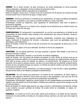 CEDRO.- Es un árbol conífero, de gran hermosura, de ramas distribuidas en forma piramidal,
rojas puntiagudas y alargadas y frutos aovados denominados piñas.
Propiedades: Baja las fiebres originadas por el paludismo.
Modo de Empleo: Tomar de 2 a 3 tazas al día de la decocción de 50 gramos de corteza hervidos
durante media hora en dos litros de agua, a fuego suave.

CEDRON.- Árbol que pertenece a la familia de las verbenáceas, de hojas aromáticas semejantes
a las del limón, corpulento y que crece en el Golfo de México y zonas tropicales.
Propiedades: Contra los espasmos, para regularizar la menstruación, para abrir el apetito y
favorecer la digestión.
Modo de Empleo: Tomar de 3 a 4 tazas al día, después de los alimentos de la infusión hecha con
20 hojas para medio litro de agua.

CEMPASUCHIL- El cempasúchil o cempoalxóchitl, es una flor que pertenece a la familia de las
compuestas, de color amarillo, sabor amargo y olor característico que crece en Morelos, Veracruz,
Sinaloa y Chiapas.
Propiedades: Vermífuga (para expulsar parásitos intestinales), emoliente (que reblandece los
tejidos, facilitando la resolución de tumores y abscesos), para curar las gastralgias (dolor de
estómago) y anti-inflamatoria.
Modo de Empleo: Tomar tres tazas al día del cocimiento de una pulgarada de flores para un litro
de agua.
Como emoliente, aplicar en la zona afectada, las flores en forma de cataplasma.

CENTENO.- Es una planta gramínea, de hojas angostas y agudas, tallo flexible y qué crece en
terrenos arenosos o calizos.
Propiedades: Alimenticias, laxantes y cura él dolor de cabeza (cefalalgia).
Modo de Empleo: Con los granos de centeno sé prepara un café, similar al normal, pero con la
ventaja que carece de cafeína, por lo qué sé recomienda a personas con padecimientos cardiacos.
Esté café es bueno contra los dolores de cabeza y él estreñimiento. Sé prepara en la forma
siguiente: Sé le quita la cáscara al grano, sé lava y sé coce hasta qué sé ablandé; posteriormente,
sé seca al sol y sé tuesta al fuego con azúcar. La infusión de café de centeno sé hace en la misma
forma qué con él café normal.
La harina de centeno es muy alimenticia y con ella sé prepara un pan de olor y sabor agradables,
útil para formar fibra en él intestino (combate el estreñimiento).

CILANTRO.- Es una planta qué pertenece a la familia de las umbelíferas, de flores rojizas o
blancas, tallo estriado y cilíndrico, frutos secos de sabor y olor agradables y qué crece de 30 a 60
centímetros de altura, de gran consumo en la preparación de alimentos.
Propiedades: Estomacales, digestivas, elimina gases de olor desagradables provenientes del tubo
digestivo qué sé expiden por la boca (flatos), fortalece los pulmones, proporciona energía y es útil
en caso de cólicos.
Modo de Empleo: El cilantro debe lavarse con agua corriente y desinfectarse previamente, debido
a qué contiene una gran cantidad de amibas. Sé puede comer en ensaladas, en sopas, en '
guisados, etcétera.

CIRUELA.- La ciruela es él fruto del ciruelo, planta qué pertenece a la familia de las rosáceas.
Consta de una sola semilla, envuelta por una pulpa carnosa, sabrosa y de color qué varía según la
especie.
 