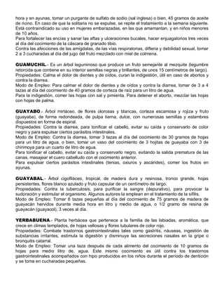 hora y en ayunas, tomar un purgante de sulfato de sodio (sal inglesa) o bien, 45 gramos de aceite
de ricino. En caso de que la solitaria no se expulse, se repite el tratamiento a la semana siguiente.
Está contraindicado su uso en mujeres embarazadas, en las que amamantan, y en niños menores
de 10 años.
Para fortalecer las encías y sanar las aftas y ulceraciones bucales, hacer enjuagatorios tres veces
al día del cocimiento de la cáscara de granado tibio.
Contra las afecciones de las amígdalas, de las vías respiratorias, difteria y debilidad sexual, tomar
2 a 3 cucharadas al día del jugo del fruto mezclado con miel de colmena.

GUAMUCHIL.- Es un árbol leguminoso que produce un fruto semejante al mezquite (legumbre
retorcida que contiene en su interior semillas negras y brillantes, de unos 15 centímetros de largo).
Propiedades: Calma el dolor de dientes y de oídos, curan la indigestión, útil en caso de abortos y
contra la diarrea.
Modo de Empleo: Para calmar el dolor de dientes y de oídos y contra la diarrea, tomar de 3 a 4
tazas al día del cocimiento de 40 gramos de corteza de raíz para un litro de agua.
Para la indigestión, comer las hojas con sal y pimienta. Para detener el aborto, mezclar las hojas
con hojas de palma.

GUAYABO.- Árbol mirtáceo, de flores olorosas y blancas, corteza escamosa y rojiza y fruto
(guayaba), de forma redondeada, de pulpa tierna, dulce, con numerosas semillas y estambres
dispuestos en forma de espiral.
Propiedades: Contra la diarrea, para tonificar el cabello, evitar su caída y conservarlo de color
negro y para expulsar ciertos parásitos intestinales.
Modo de Empleo: Contra la diarrea, tomar 3 tazas al día del cocimiento de 30 gramos de hojas
para un litro de agua, o bien, tomar un vaso del cocimiento de 3 hojitas de guayaba con 3 de
chirimoya para un cuarto de litro de agua.
Para tonificar el cabello, evitar su caída y conservarlo negro, evitando la salida prematura de las
canas, masajear el cuero cabelludo con el cocimiento anterior.
Para expulsar ciertos parásitos intestinales (tenias, oxiuros y ascárides), comer los frutos en
ayunas.

GUAYABAL.- Árbol cigofiláceo, tropical, de madera dura y resinosa, tronco grande, hojas
persistentes, flores blanco azulado y fruto capsular de un centímetro de largo.
Propiedades: Contra la tuberculosis, para purificar la sangre (depurativo), para provocar la
sudoración y estimular el organismo. Algunos autores la emplean en el tratamiento de la sífilis.
Modo de Empleo: Tomar 6 tazas pequeñas al día del cocimiento de 75 gramos de madera de
guayacán hervidos durante media hora en litro y medio de agua, o 1/2 gramo de resina de
guayacán (guayacol), 3 veces al día.

YERBABUENA.- Planta herbácea que pertenece a la familia de las labiadas, aromática, que
crece en climas templados, de hojas vellosas y flores tubulares de color rojo.
Propiedades: Combate trastornos gastrointestinales tales como gastritis, náuseas, ingestión de
substancias irritantes, estimula la digestión y disminuye las secreciones nasales en la gripe o
bronquitis catarral.
Modo de Empleo: Tomar una taza después de cada alimento del cocimiento de 10 gramos de
hojas para medio litro de, agua. Este mismo cocimiento es útil contra los trastornos
gastrointestinales acompañados con hipo producidos en los niños durante el período de dentición
y se toma en cucharadas pequeñas.
 