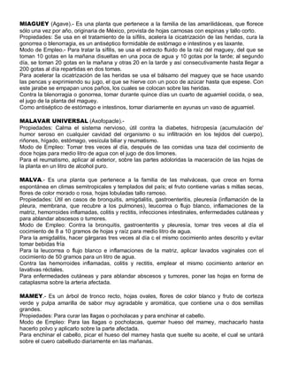 MIAGUEY (Agave).- Es una planta que pertenece a la familia de las amarilidáceas, que florece
sólo una vez por año, originaria de México, provista de hojas carnosas con espinas y tallo corto.
Propiedades: Se usa en el tratamiento de la sífilis, acelera la cicatrización de las heridas, cura la
gonorrea o blenorragia, es un antiséptico formidable de estómago e intestinos y es laxante.
Modo de Empleo.- Para tratar la sífilis, se usa el extracto fluido de la raíz del maguey, del que se
toman 10 gotas en la mañana disueltas en una poca de agua y 10 gotas por la tarde; al segundo
día, se toman 20 gotas en la mañana y otras 20 en la tarde y así consecutivamente hasta llegar a
200 gotas al día repartidas en dos tomas.
Para acelerar la cicatrización de las heridas se usa el bálsamo del maguey que se hace usando
las pencas y exprimiendo su jugo, el que se hierve con un poco de azúcar hasta que espese. Con
este jarabe se empapan unos paños, los cuales se colocan sobre las heridas.
Contra la blenorragia o gonorrea, tomar durante quince días un cuarto de aguamiel cocida, o sea,
el jugo de la planta del maguey.
Como antiséptico de estómago e intestinos, tomar diariamente en ayunas un vaso de aguamiel.

MALAVAR UNIVERSAL (Axofopacle).-
Propiedades: Calma el sistema nervioso, útil contra la diabetes, hidropesía (acumulación de'
humor seroso en cualquier cavidad del organismo o su infiltración en los tejidos del cuerpo),
riñones, hígado, estómago, vesícula biliar y reumatismo.
Modo de Empleo: Tomar tres veces al día, después de las comidas una taza del cocimiento de
doce hojas para medio litro de agua con el jugo de dos limones.
Para el reumatismo, aplicar al exterior, sobre las partes adoloridas la maceración de las hojas de
la planta en un litro de alcohol puro.

MALVA.- Es una planta que pertenece a la familia de las malváceas, que crece en forma
espontánea en climas semitropicales y templados del país; el fruto contiene varias s millas secas,
flores de color morado o rosa, hojas lobuladas tallo ramoso.
Propiedades: Útil en casos de bronquitis, amigdalitis, gastroenteritis, pleuresía (inflamación de la
pleura, membrana, que recubre a los pulmones), leucorrea o flujo blanco, inflamaciones de la
matriz, hemorroides inflamadas, colitis y rectitis, infecciones intestinales, enfermedades cutáneas y
para ablandar abscesos o tumores.
Modo de Empleo: Contra la bronquitis, gastroenteritis y pleuresía, tomar tres veces al día el
cocimiento de 8 a 10 gramos de hojas y raíz para medio litro de agua.
Para la amigdalitis, hacer gárgaras tres veces al día c el mismo cocimiento antes descrito y evitar
tomar bebidas fría
Para la leucorrea o flujo blanco e inflamaciones de la matriz, aplicar lavados vaginales con el
cocimiento de 50 gramos para un litro de agua.
Contra las hemorroides inflamadas, colitis y rectitis, emplear el mismo cocimiento anterior en
lavativas réctales.
Para enfermedades cutáneas y para ablandar abscesos y tumores, poner las hojas en forma de
cataplasma sobre la arteria afectada.

MAMEY.- Es un árbol de tronco recto, hojas ovales, flores de color blanco y fruto de corteza
verde y pulpa amarilla de sabor muy agradable y aromática, que contiene una o dos semillas
grandes.
Propiedades: Para curar las llagas o pocholacas y para enchinar el cabello.
Modo de Empleo: Para las llagas o pocholacas, quemar hueso del mamey, machacarlo hasta
hacerlo polvo y aplicarlo sobre la parte afectada.
Para enchinar el cabello, picar el hueso del mamey hasta que suelte su aceite, el cual se untará
sobre el cuero cabelludo diariamente en las mañanas.
 