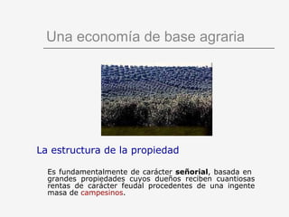 Una economía de base agraria La estructura de la propiedad Es fundamentalmente de carácter  señorial , basada en  grandes propiedades cuyos dueños reciben cuantiosas rentas de carácter feudal procedentes de una ingente masa de  campesinos . 