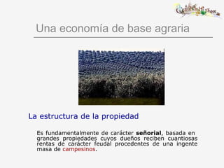 Una economía de base agraria La estructura de la propiedad Es fundamentalmente de carácter  señorial , basada en  grandes propiedades cuyos dueños reciben cuantiosas rentas de carácter feudal procedentes de una ingente masa de  campesinos . 