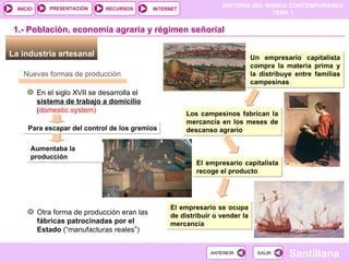Nuevas formas de producción En el siglo XVII se desarrolla el  sistema de trabajo a domicilio (domestic system) ‏ Para escapar del control de los gremios La industria artesanal  1.- Población, economía agraria y régimen señorial Un empresario capitalista compra la materia prima y la distribuye entre familias campesinas Los campesinos fabrican la mercancía en los meses de descanso agrario El empresario capitalista recoge el producto El empresario se ocupa de distribuir o vender la mercancía Aumentaba la  producción Otra forma de producción eran las  fábricas patrocinadas por el Estado  (“manufacturas reales”) ‏ 