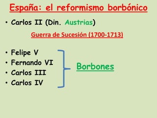 España: el reformismo borbónico
• Carlos II (Din. Austrias)
Guerra de Sucesión (1700-1713)
•
•
•
•

Felipe V
Fernando VI
Carlos III
Carlos IV

Borbones

 