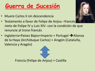 Guerra de Sucesión
• Muere Carlos II sin descendencia
• Testamento a favor de Felipe de Anjou –francés,
nieto de Felipe IV y Luis XIV- con la condición de que
renuncie al trono francés
• Inglaterra+Paises Bajos+Imperio + Portugal Alianza
de la Haya (Archiduque Carlos) + Aragón (Cataluña,
Valencia y Aragón)

Francia (Felipe de Anjou) + Castilla

 