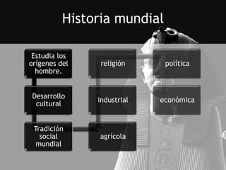 Historia mundial

 Estudia los
orígenes del    religión     política
  hombre.


 Desarrollo
               industrial   económica
  cultural


 Tradición
   social      agrícola
  mundial
 