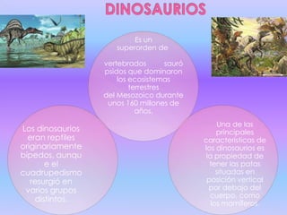 Es un
                      superorden de

                  vertebrados        sauró
                  psidos que dominaron
                      los ecosistemas
                          terrestres
                  del Mesozoico durante
                   unos 160 millones de
                            años.
                                                   Una de las
Los dinosaurios                                   principales
  eran reptiles                              características de
originariamente                              los dinosaurios es
bípedos, aunqu                                la propiedad de
       e el                                    tener las patas
cuadrupedismo                                     situadas en
   resurgió en                                posición vertical
 varios grupos                                 por debajo del
                                               cuerpo, como
    distintos.
                                                los mamíferos.
 