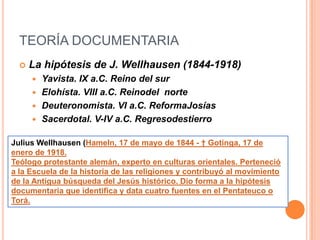 TEORÍA DOCUMENTARIALa hipótesis de J. Wellhausen (1844-1918)Yavista. IX a.C. Reino del surElohísta. VIII a.C. Reinodel  norteDeuteronomista. VI a.C. ReformaJosíasSacerdotal. V-IV a.C. RegresodestierroJulius Wellhausen (Hameln, 17 de mayo de 1844 - † Gotinga, 17 de enero de 1918. Teólogo protestante alemán, experto en culturas orientales. Perteneció a la Escuela de la historia de las religiones y contribuyó al movimiento de la Antigua búsqueda del Jesús histórico. Dio forma a la hipótesis documentaria que identifica y data cuatro fuentes en el Pentateuco o Torá.