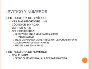 LÉVITICO Y NÚMEROSESTRUCTURA DE LEVÍTICOVRS. MÁS IMPORTANTE: 11:44CÓDIGO DE SANTIDAD	LEVÍTICO 17 - 26RELIGIÓN HEBREA: EL SERVICIO EN LA VENERACIÓN A DIOSTABERNÁCULOIDEAS DE PECADO, DE RETRIBUCIÓN, DE PURO E IMPUROCALENDARIO FESTIVO – CAP. 23AÑO DE JUBILEO – CAP. 25ESTRUCTURA DE NÚMEROSCON EL MAPA: DESDE EL MONTE SINAÍ A LA TIERRA PROMETIDA