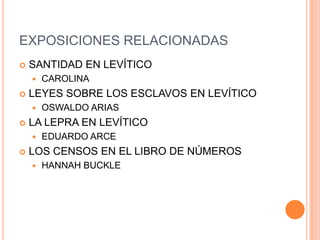 EXPOSICIONES RELACIONADASSANTIDAD EN LEVÍTICOCAROLINA LEYES SOBRE LOS ESCLAVOS EN LEVÍTICOOSWALDO ARIASLA LEPRA EN LEVÍTICOEDUARDO ARCELOS CENSOS EN EL LIBRO DE NÚMEROS HANNAH BUCKLE