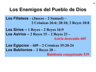 40
Los Enemigos del Pueblo de Dios
Los Filisteos – (Jueces – 2 Samuel) –
2 Crónicas 26:6; 28:18; 2 Reyes 18:8
Los Sirios – 1 Reyes – 2 Reyes 16:9
Los Asirios – 2 Reyes 15 – 2 Reyes 23 –
Asiria destruido 605
Los Egipcios – 609 – 2 Crónicas 35:20-24
Los Babilonios – 2 Reyes 20 –
Babilonia conquistado 539
 