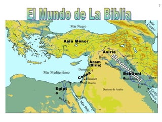 7
Mar Negro
Mar Mediterráneo
Egipt
o
Río Nilo
M
arRojo
M
arCaspio
Golfo
Pérsico
Asia Menor
Canaá
nMar Muerto
Río Eufrates
RíoTigris
Asiria
Desierto de Arabia
Nínive
Ur
Harán
Babilonia
Babiloni
a
Sinaí
Jerusalén
Aram
(Siria)
Susa
Damasco
 