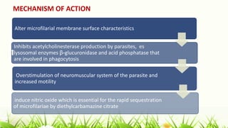 MECHANISM OF ACTION
Alter microfilarial membrane surface characteristics
Overstimulation of neuromuscular system of the parasite and
increased motility
Inhibits acetylcholinesterase production by parasites, es
lysosomal enzymes β-glucuronidase and acid phosphatase that
are involved in phagocytosis
induce nitric oxide which is essential for the rapid sequestration
of microfilariae by diethylcarbamazine citrate
 