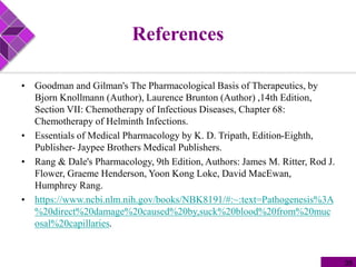References
• Goodman and Gilman's The Pharmacological Basis of Therapeutics, by
Bjorn Knollmann (Author), Laurence Brunton (Author) ,14th Edition,
Section VII: Chemotherapy of Infectious Diseases, Chapter 68:
Chemotherapy of Helminth Infections.
• Essentials of Medical Pharmacology by K. D. Tripath, Edition-Eighth,
Publisher- Jaypee Brothers Medical Publishers.
• Rang & Dale's Pharmacology, 9th Edition, Authors: James M. Ritter, Rod J.
Flower, Graeme Henderson, Yoon Kong Loke, David MacEwan,
Humphrey Rang.
• https://www.ncbi.nlm.nih.gov/books/NBK8191/#:~:text=Pathogenesis%3A
%20direct%20damage%20caused%20by,suck%20blood%20from%20muc
osal%20capillaries.
35
 